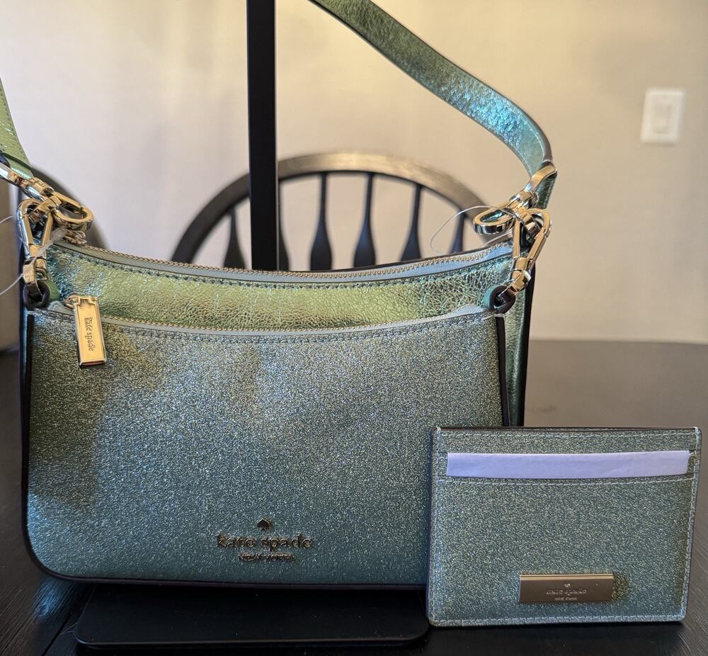 NWT Kate Spade NY Glitter Crossbody Duo Bag & Matching Cardholder Seawater Green